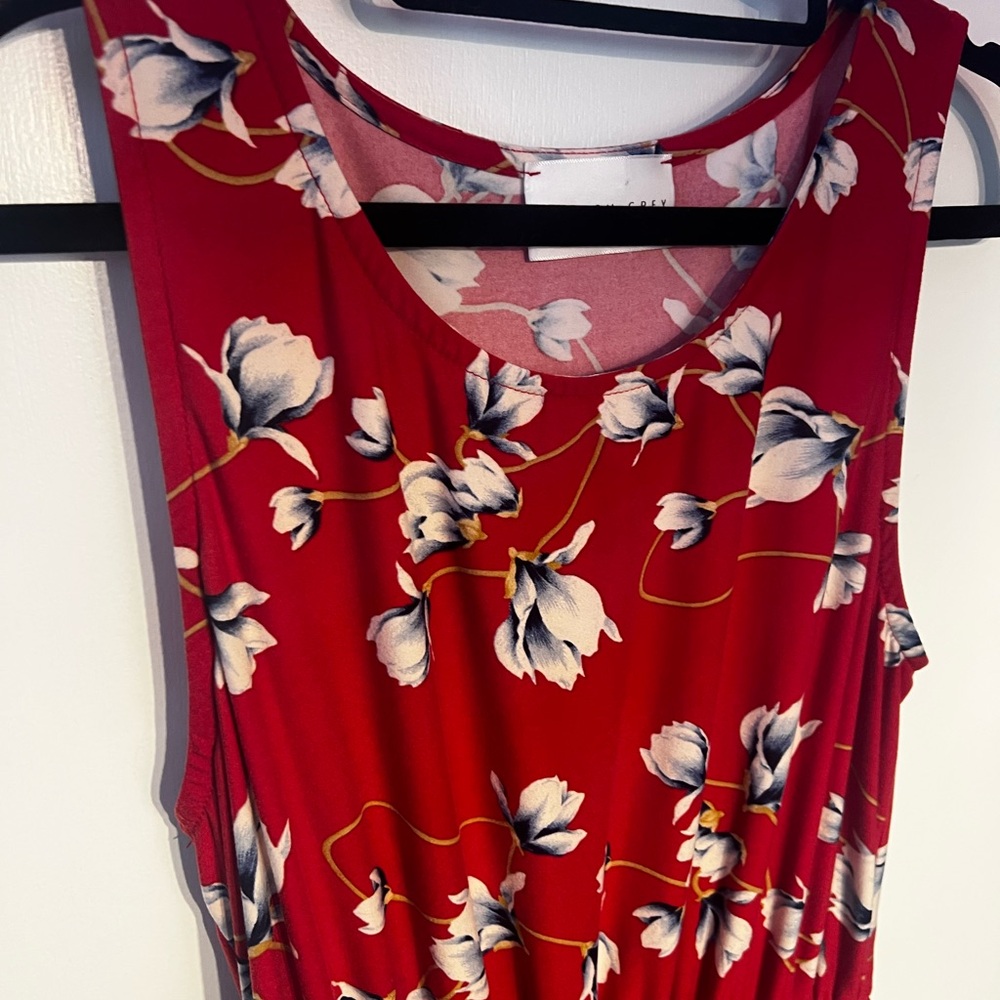 French Grey Red Floral Midi Dress - Picture 3 of 4